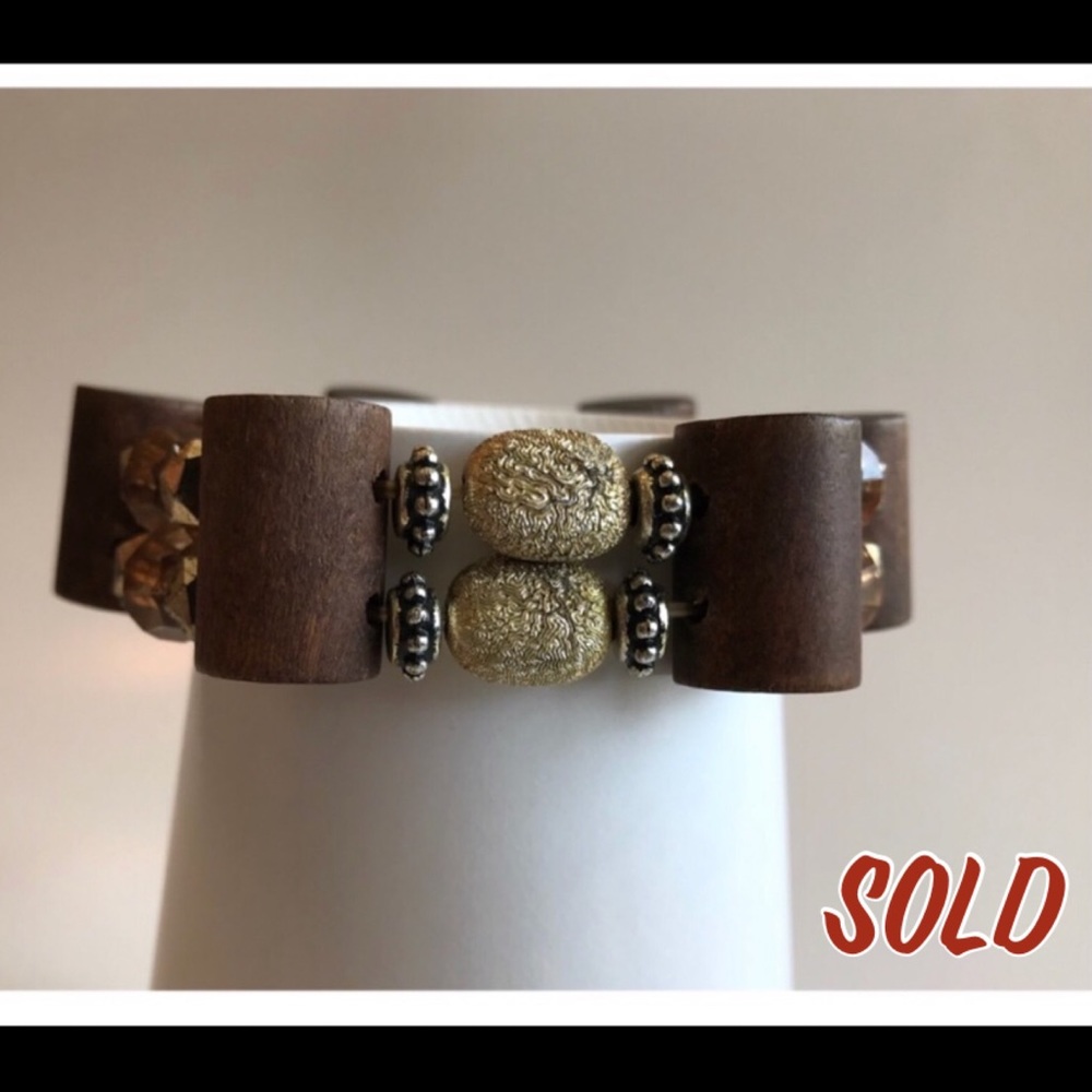 Gold & Brown Beaded Bracelet with Wood Bead Accent